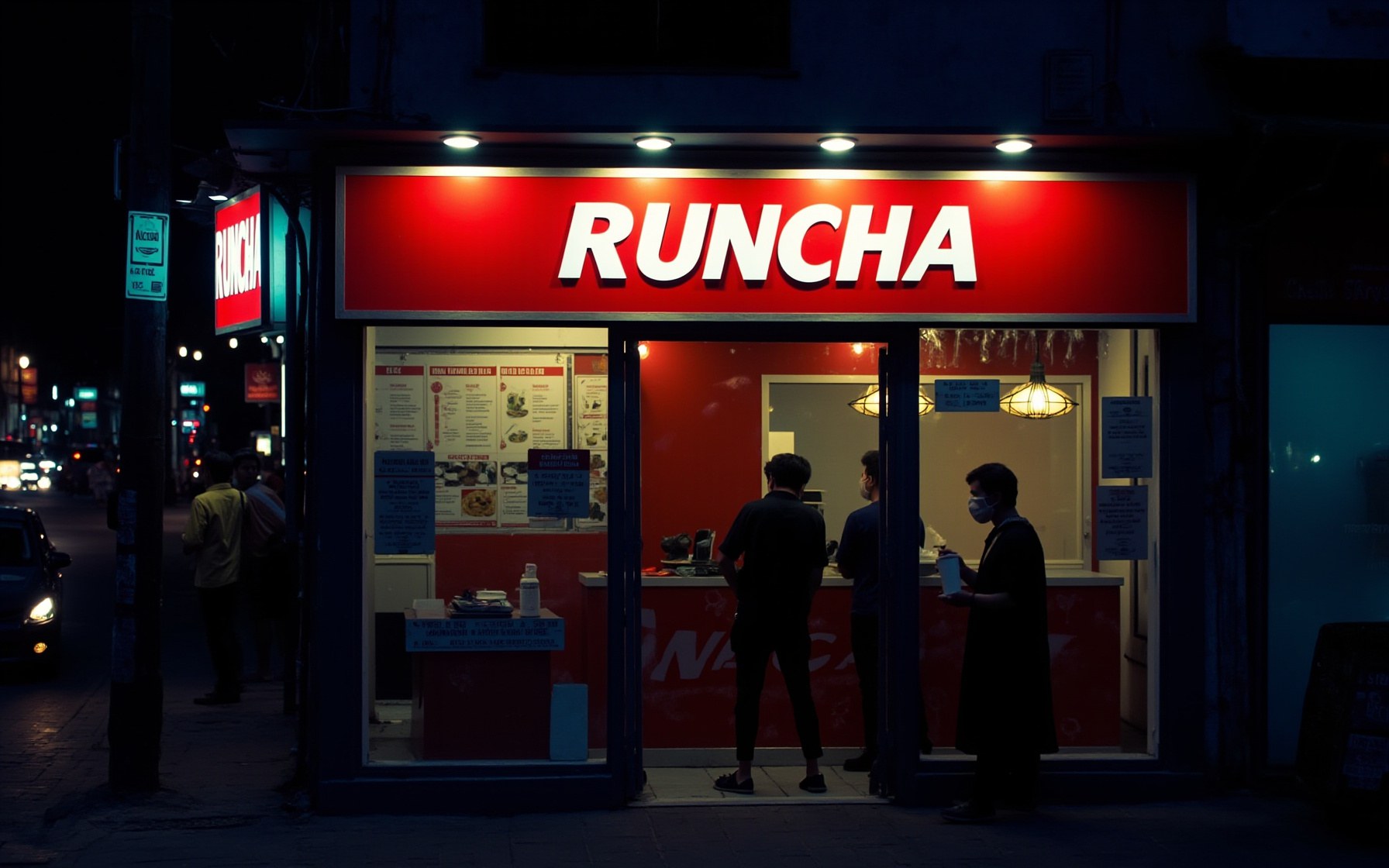 RUNCHA shop window at dusk with queuing customers in Dhaka