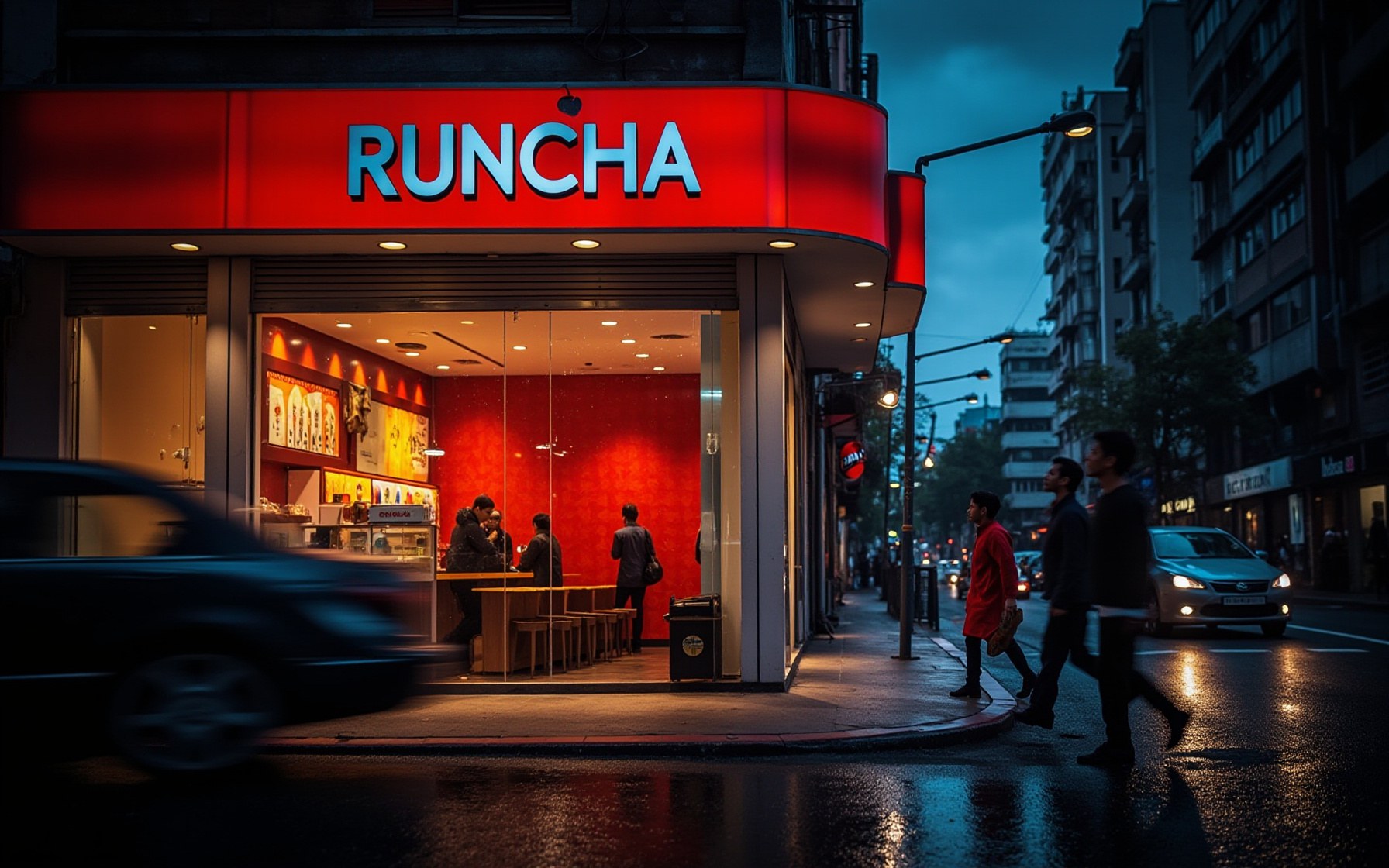 RUNCHA dine-in shop glowing at dusk in Dhaka