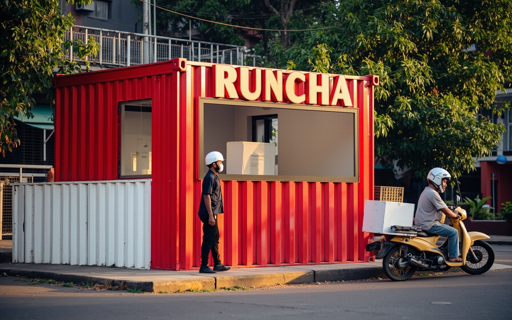RUNCHA container shop with delivery rider in Dhaka