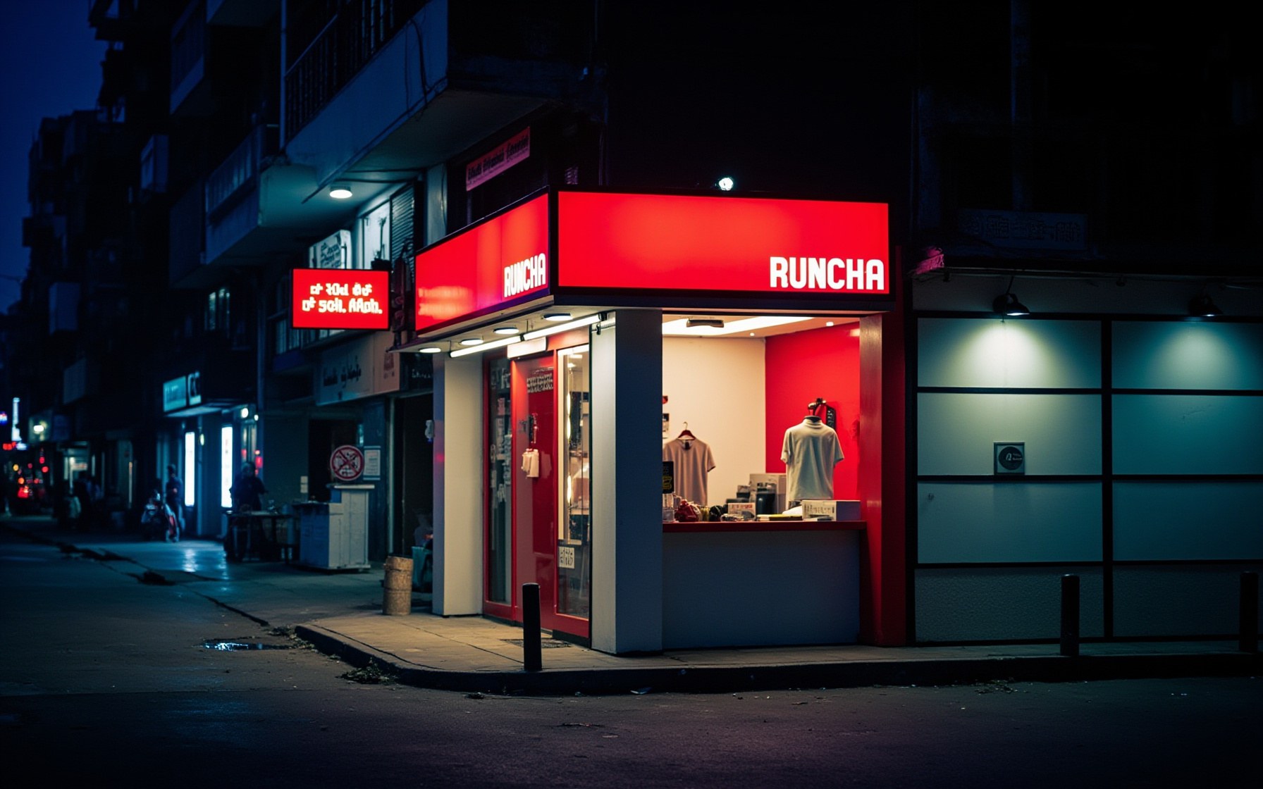 RUNCHA shop glowing at night in Dhaka